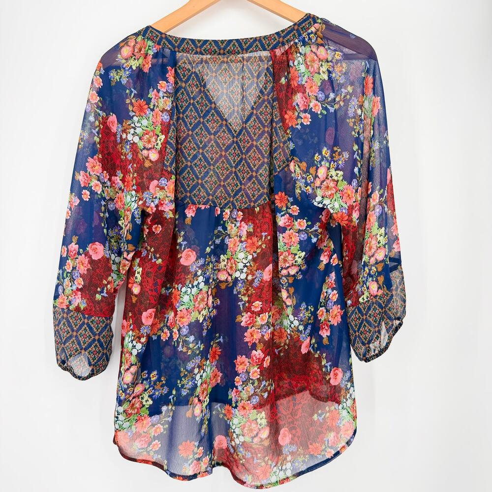 Anthropologie Fig & Flower Floral Sheer Boho Blouse Medium Blue Red Peasant Top - Picture 4 of 11